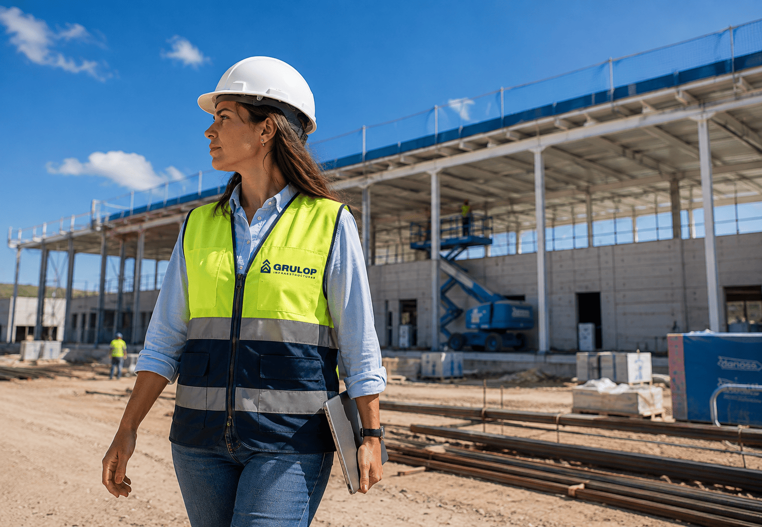 Ingeniera de GRULOP supervisando una obra de edificación deportiva.